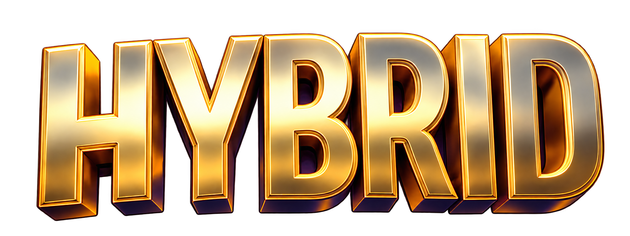 HYBRID in bold metallic gold 3D lettering